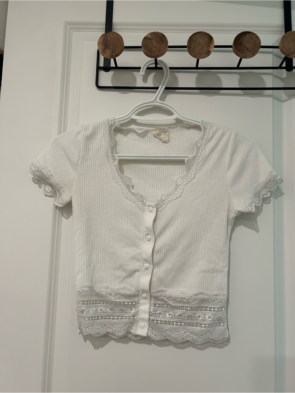 Caution To The Wind White Lace-Trim Ribbed Button-Front Top
